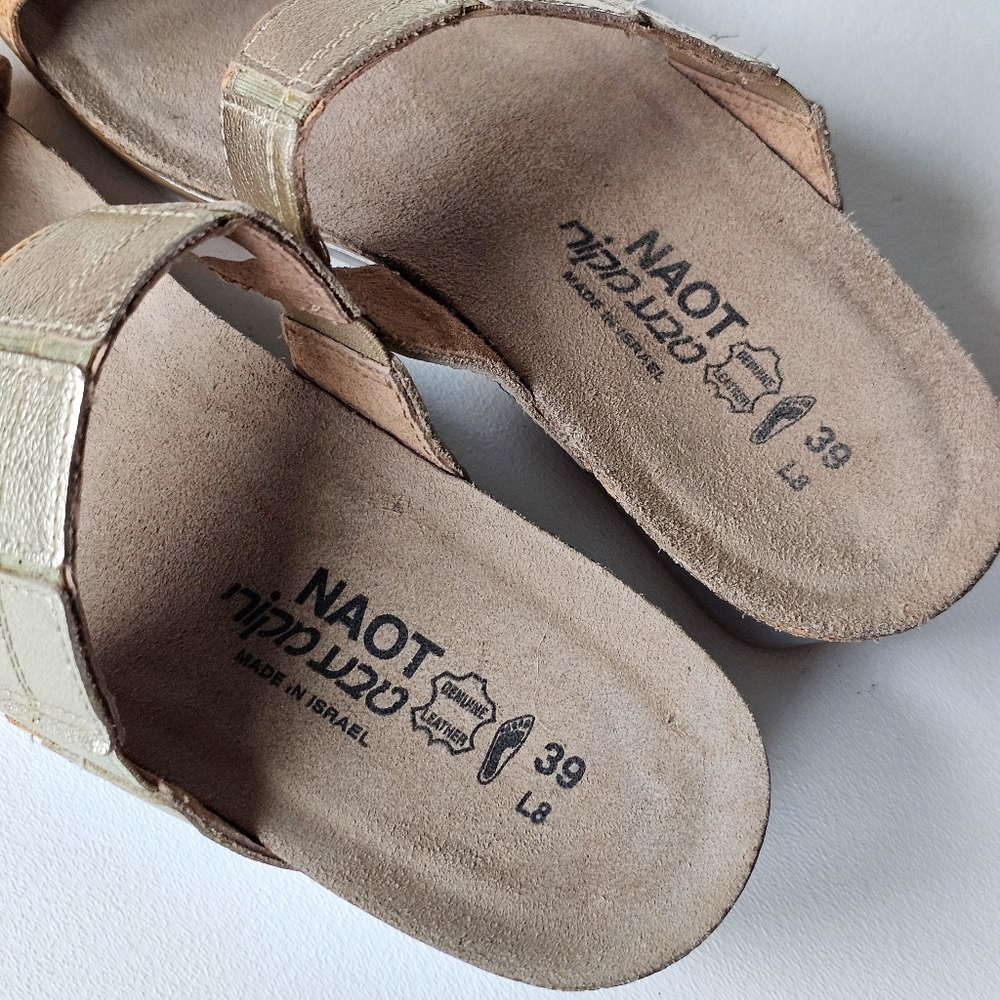 NAOT Royalty Cork Banded Wedge Slide Sandals Gold EU 39 US 8 Comfort - Picture 7 of 14
